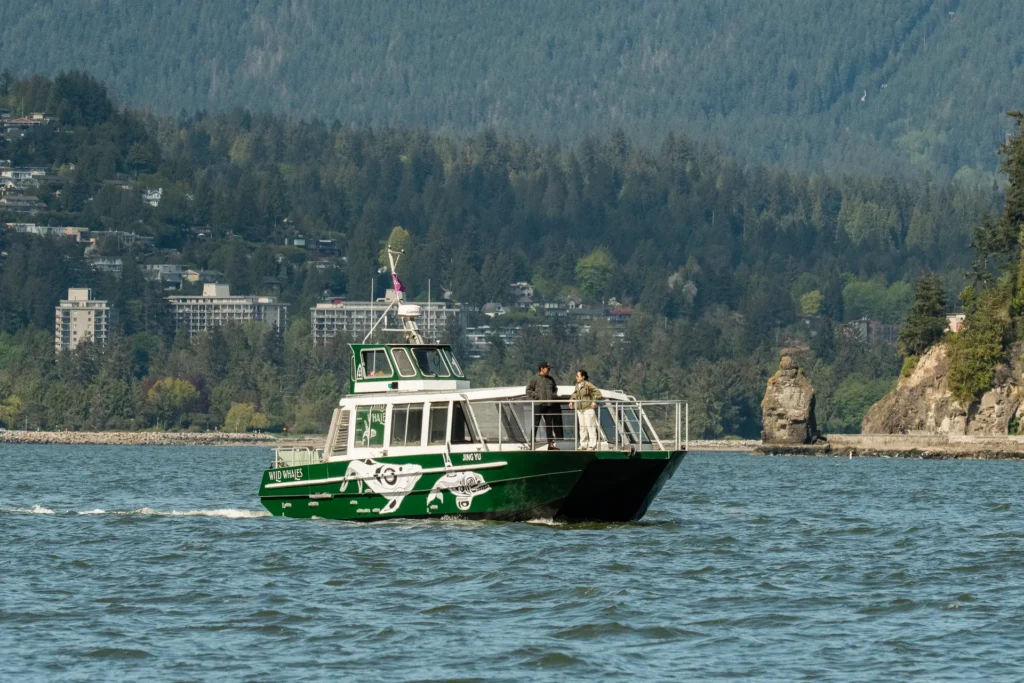 A green and white tour boat with people on board travels across the water near a forested hillside and rocky shoreline, offering a scenic Whale Watching Vancouver experience.